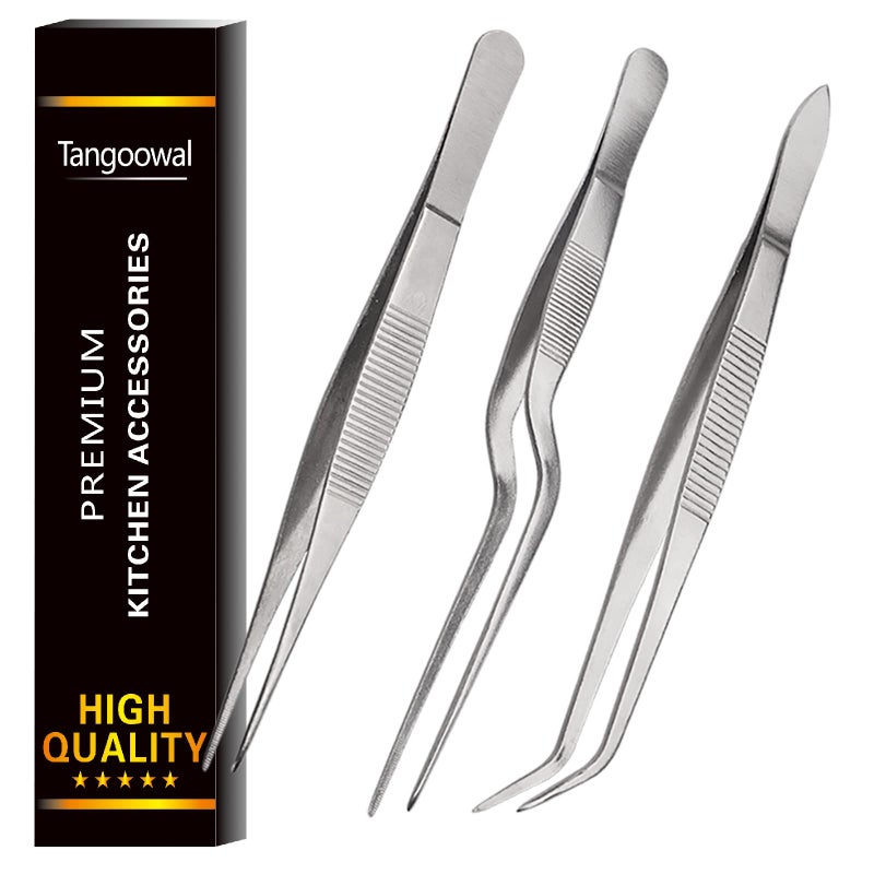 Tangoowal Kitchen Cooking Tweezers Culinary,3 Piece Set Stainless Steel Tweezer Precision Tongs Offset Tip for Cooking Food Design styling(6.3-Inch) - Image 1